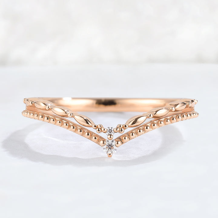 Chevron Round Moissanite Double Milgrain Wedding Ring