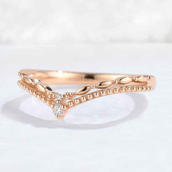 Chevron Round Moissanite Double Milgrain Wedding Ring