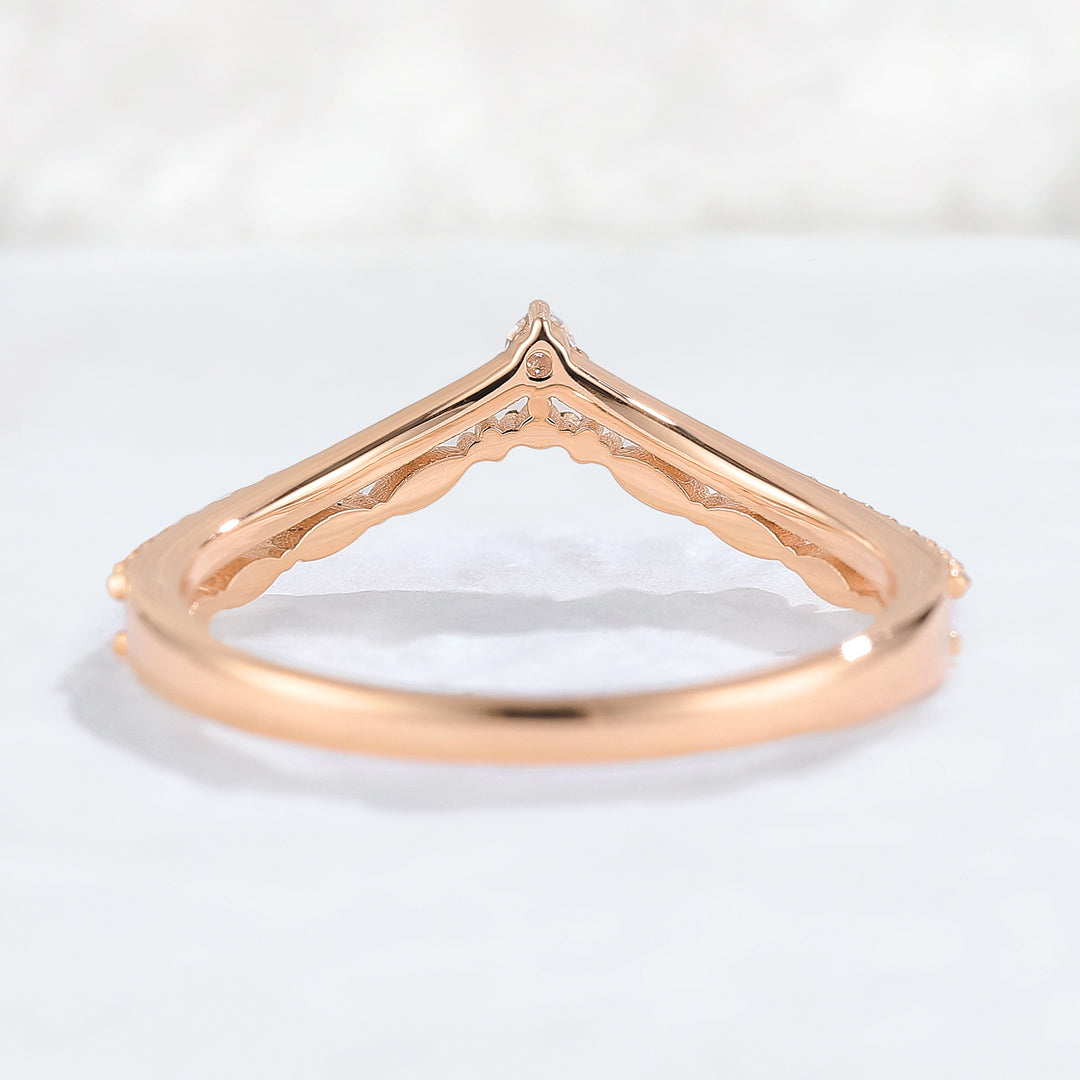 Chevron Round Moissanite Double Milgrain Wedding Ring