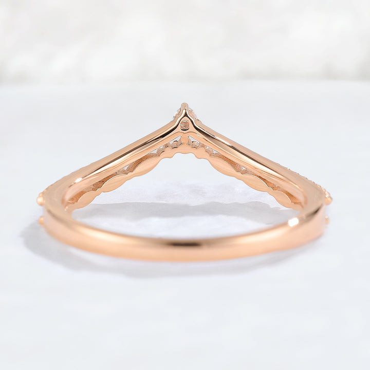 Chevron Round Moissanite Double Milgrain Wedding Ring