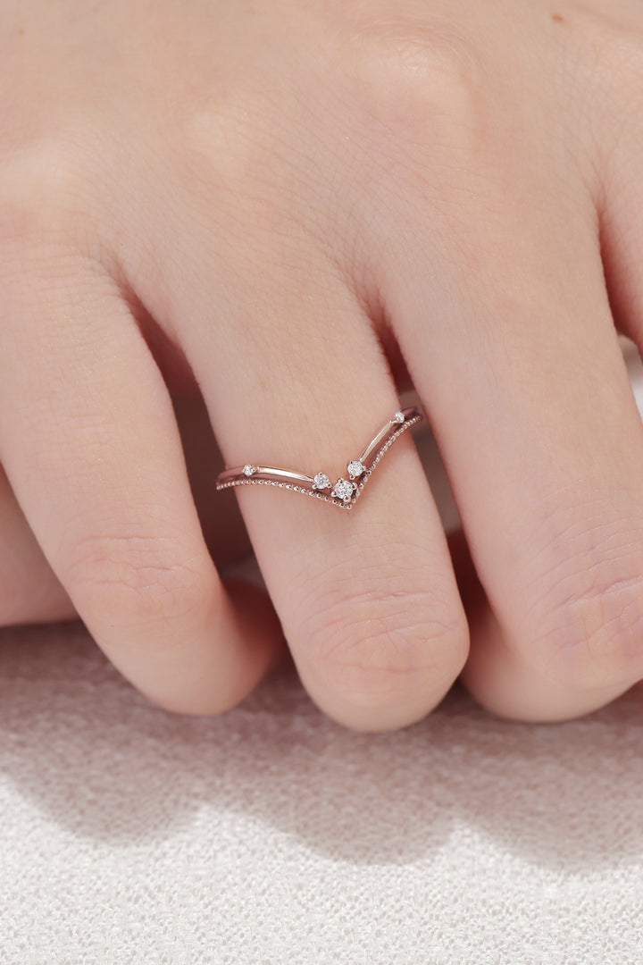 Chevron Round Moissanite Milgrain Pave Band 14k Rose Gold Stacking Ring