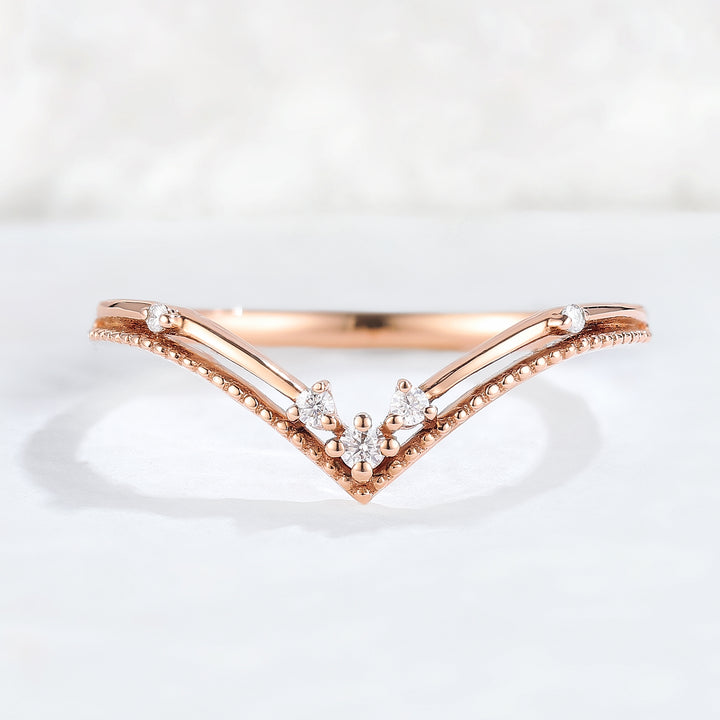 Chevron Round Moissanite Milgrain Pave Band 14k Rose Gold Stacking Ring