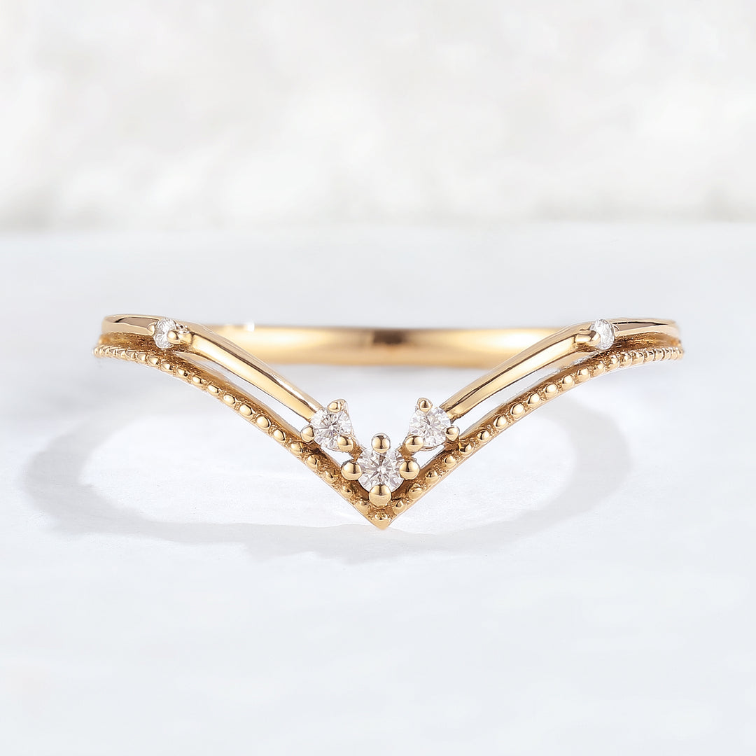 Chevron Round Moissanite Milgrain Pave Band 14k Rose Gold Stacking Ring