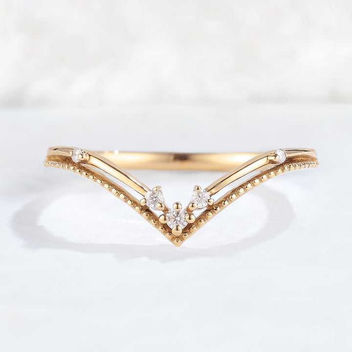 Chevron Round Moissanite Milgrain Pave Band 14k Rose Gold Stacking Ring