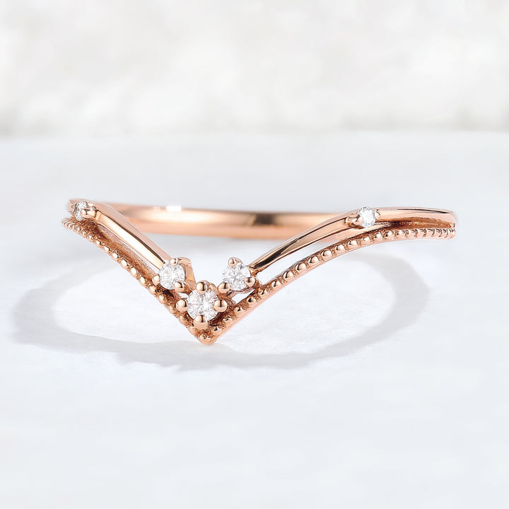 Chevron Round Moissanite Milgrain Pave Band 14k Rose Gold Stacking Ring