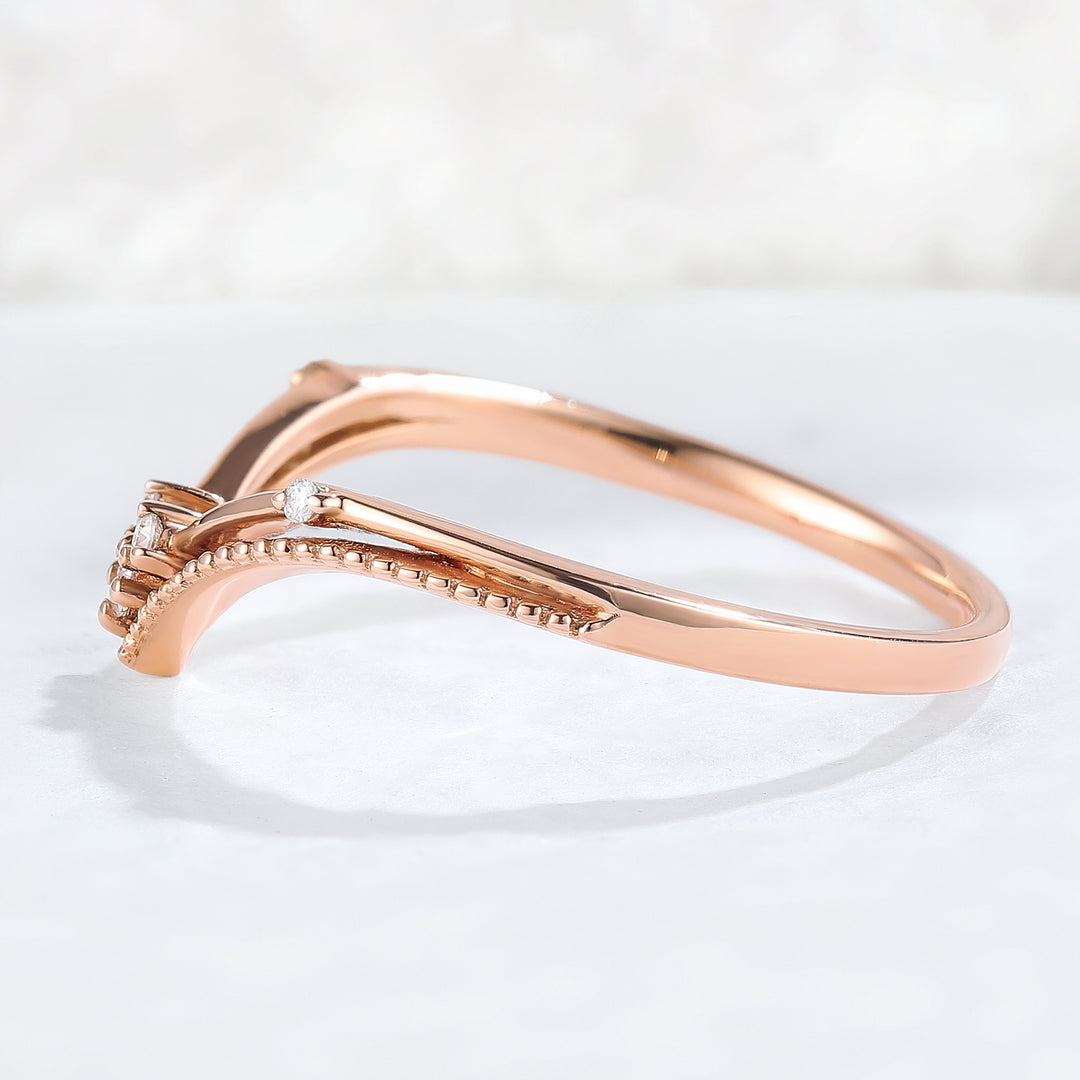 Chevron Round Moissanite Milgrain Pave Band 14k Rose Gold Stacking Ring
