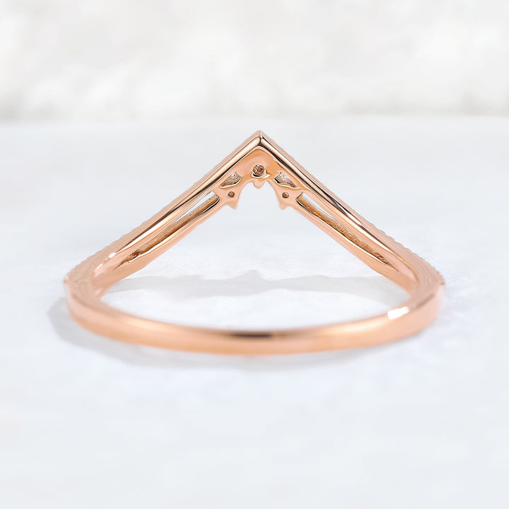 Chevron Round Moissanite Milgrain Pave Band 14k Rose Gold Stacking Ring