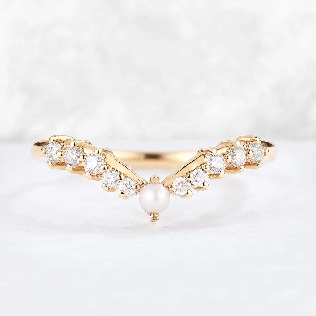 Chevron Round Pearl Moissanite 14k Rose Gold Stacking Ring