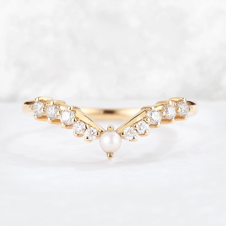 Chevron Round Pearl Moissanite 14k Rose Gold Stacking Ring