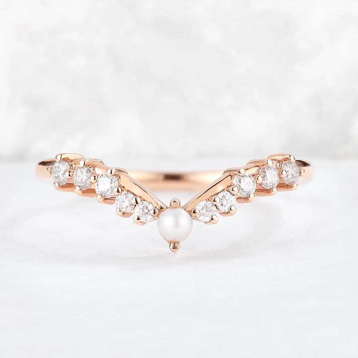 Chevron Round Pearl Moissanite 14k Rose Gold Stacking Ring