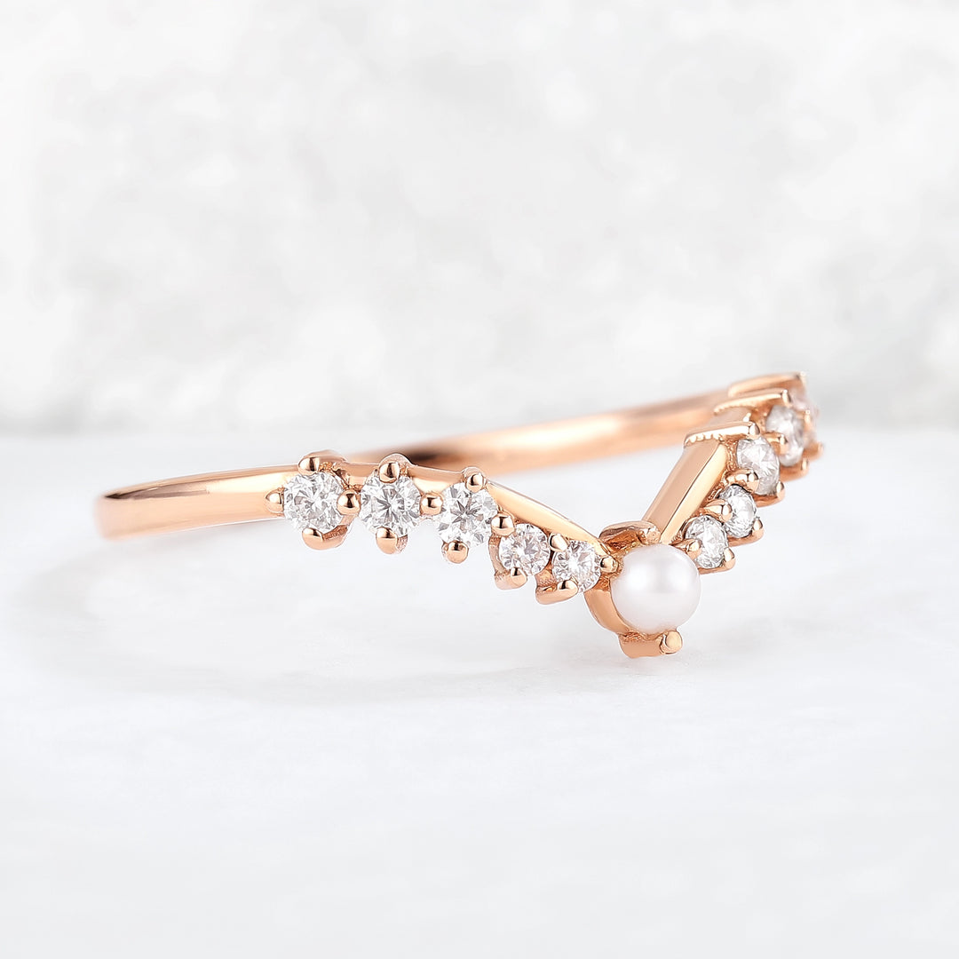 Chevron Round Pearl Moissanite 14k Rose Gold Stacking Ring