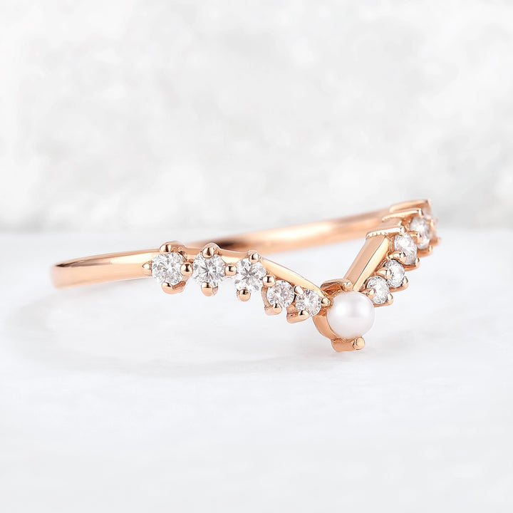 Chevron Round Pearl Moissanite 14k Rose Gold Stacking Ring