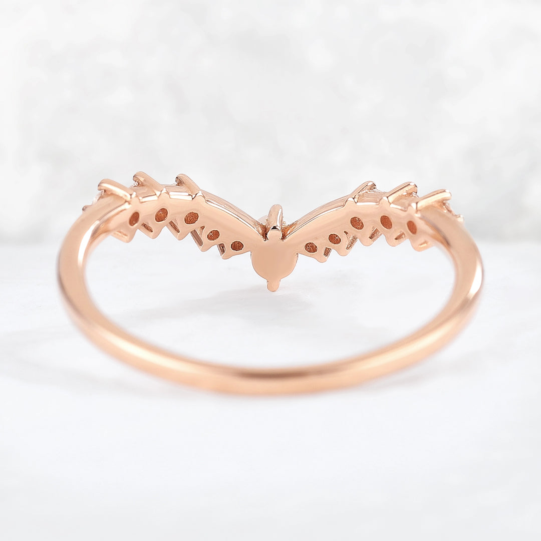 Chevron Round Pearl Moissanite 14k Rose Gold Stacking Ring