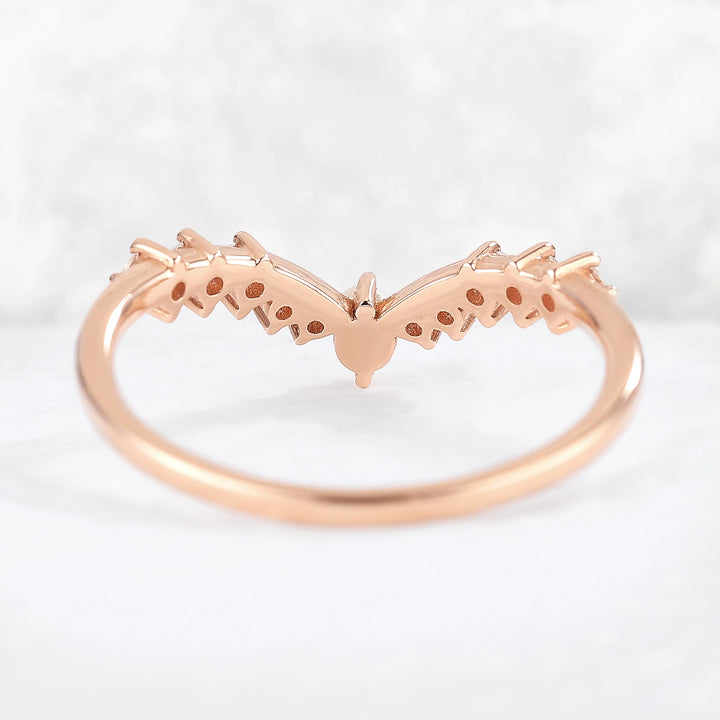 Chevron Round Pearl Moissanite 14k Rose Gold Stacking Ring