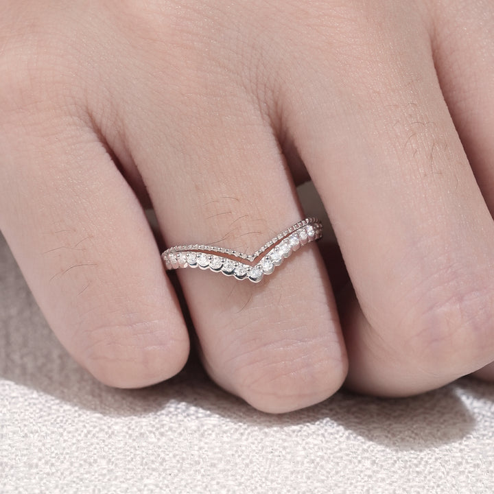 Classic V-Curved Round Moissanite Wedding Band Sterling Silver - Iver Jewelry