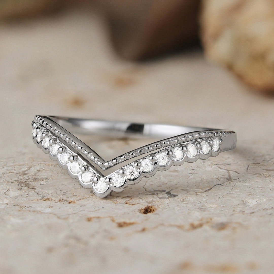 Classic V-Curved Round Moissanite Wedding Band Sterling Silver - Iver Jewelry