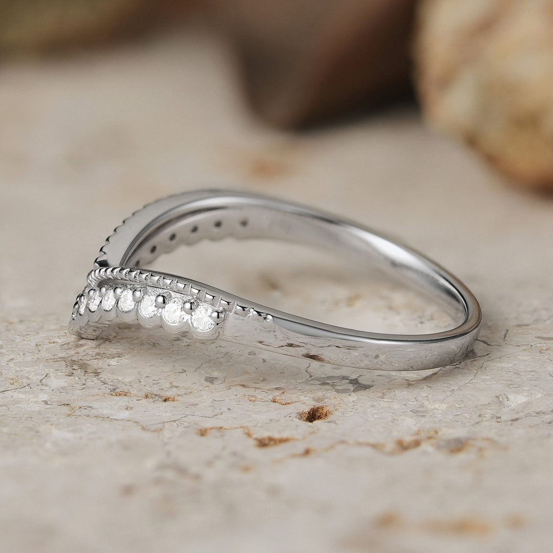 Classic V-Curved Round Moissanite Wedding Band Sterling Silver - Iver Jewelry