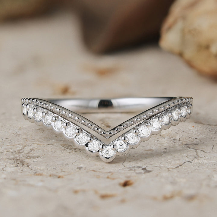 Classic V-Curved Round Moissanite Wedding Band Sterling Silver - Iver Jewelry