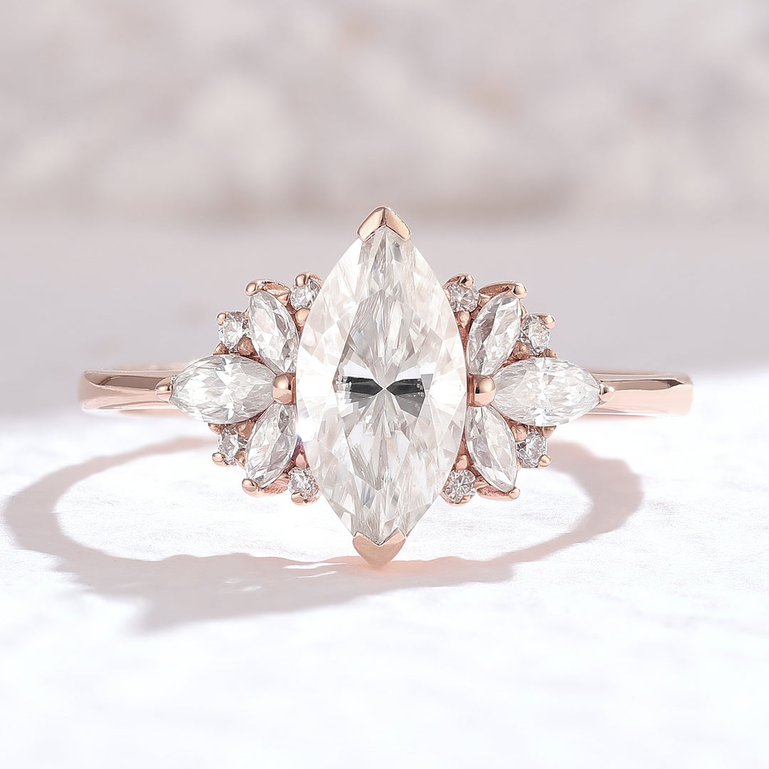 Cluster Marquise Cut Moissanite Petal Side Engagement Ring