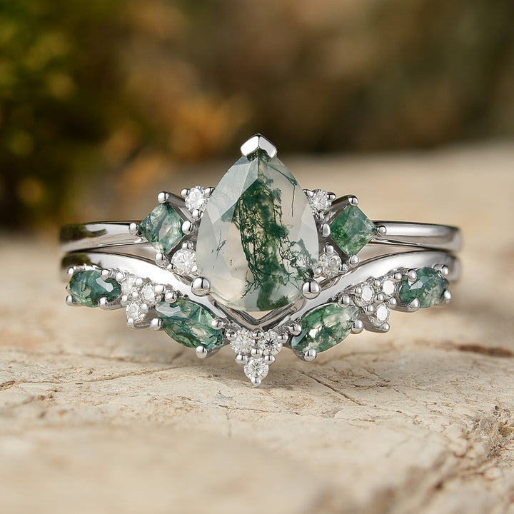 Cluster Pear Cut Moss Agate Seven Stones Engagement Ring 2pcs