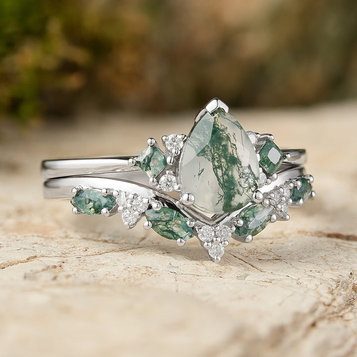 Cluster Pear Cut Moss Agate Seven Stones Engagement Ring 2pcs