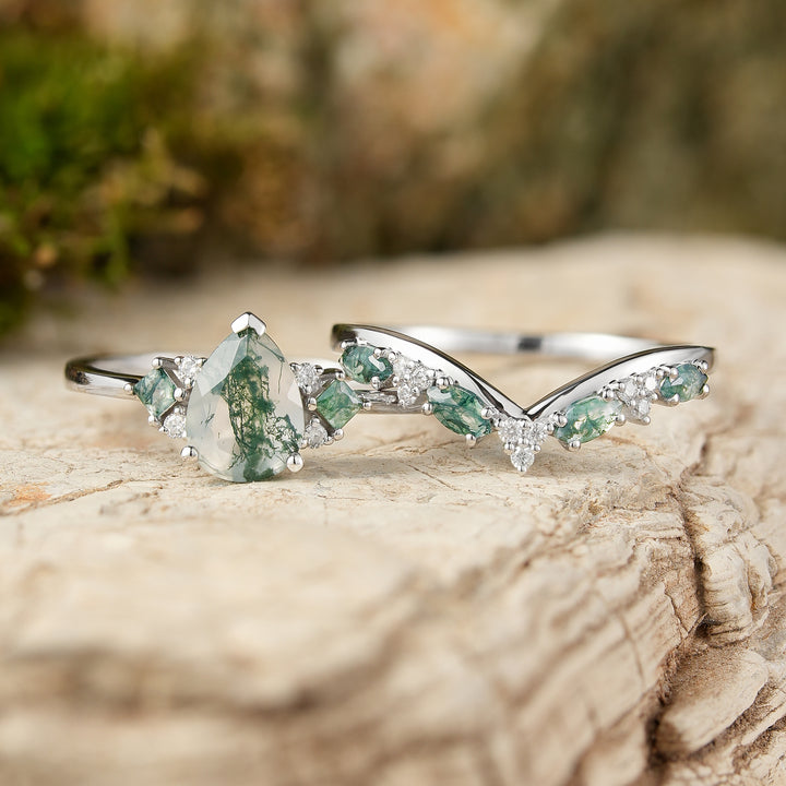 Cluster Pear Cut Moss Agate Seven Stones Engagement Ring 2pcs