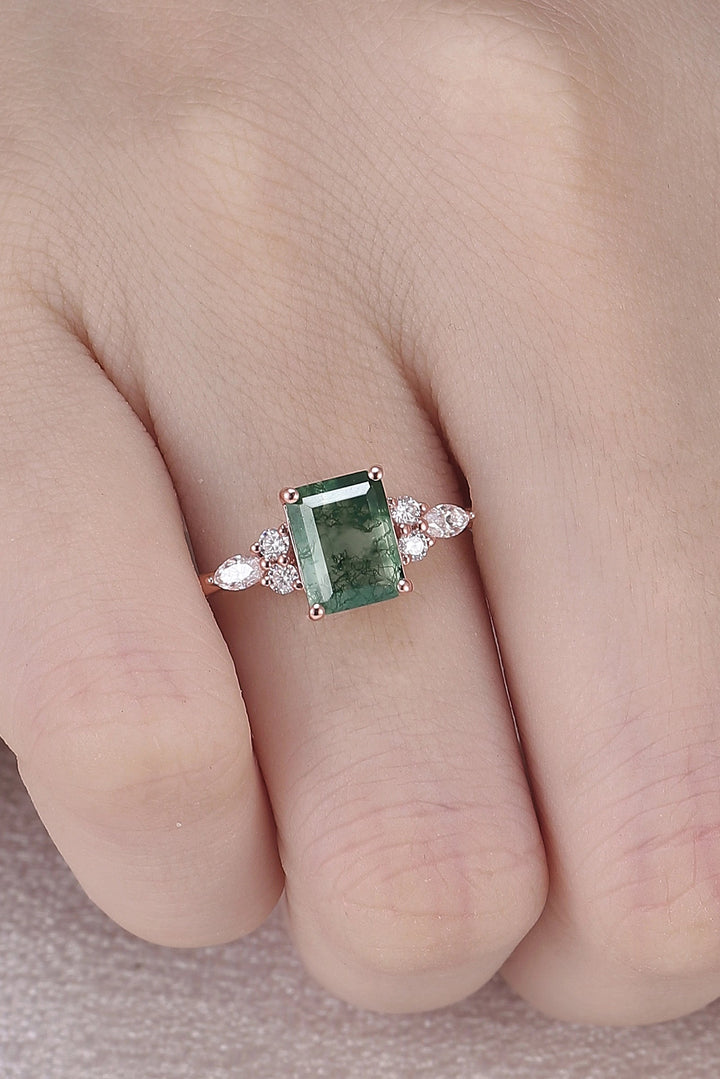 Cluster Emerald Cut Moss Agate Engagement Ring