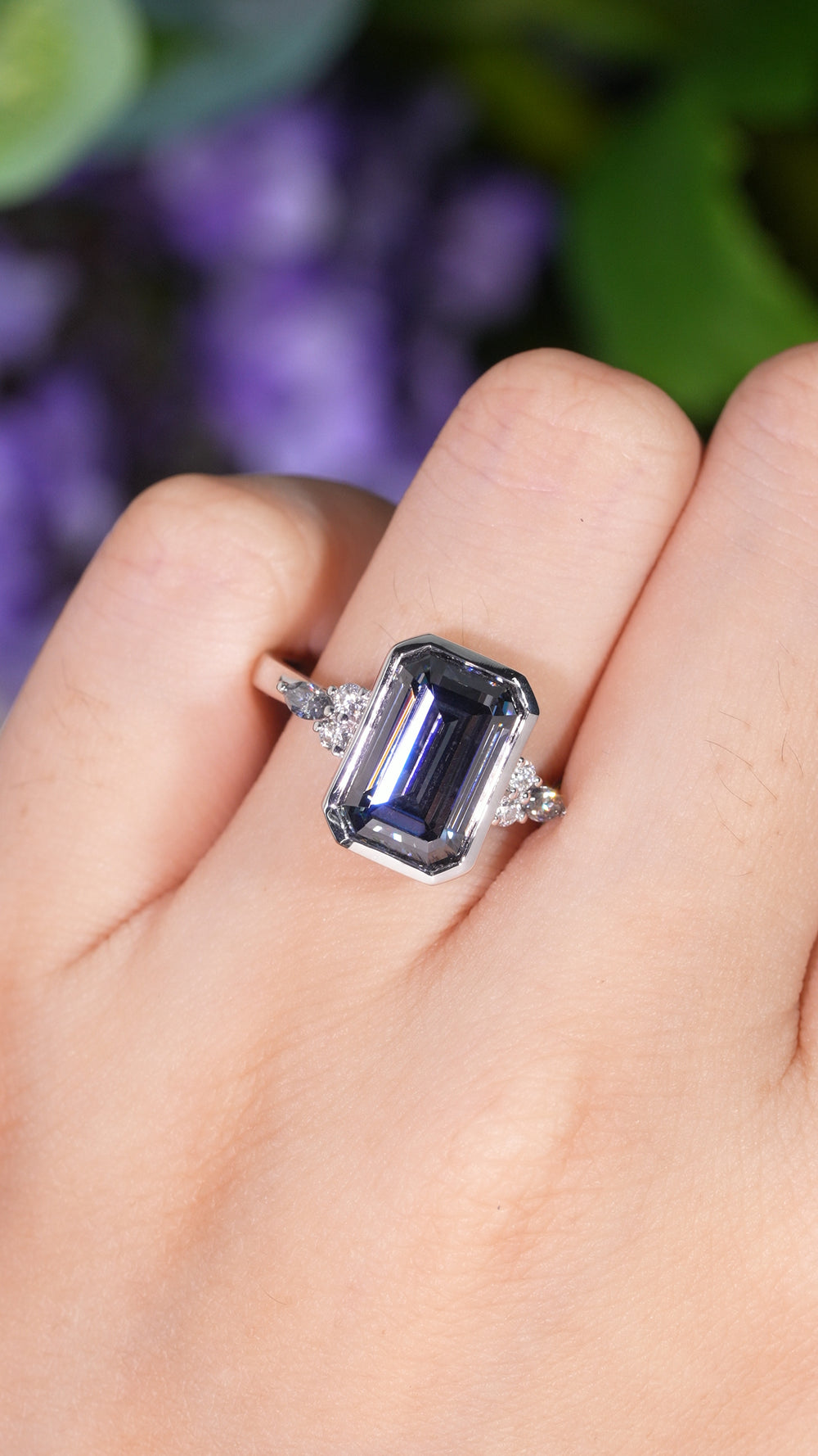 Cluster 3 Carat Emerald Cut Grey Moissanite Bezel Ring