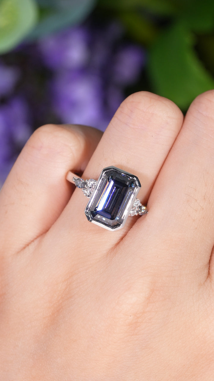 Cluster 3 Carat Emerald Cut Grey Moissanite Bezel Ring