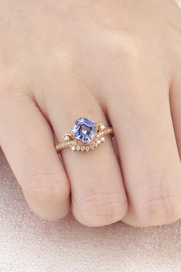 Cluster Asscher Cut  Cornflower Sapphire Gemstone Ring