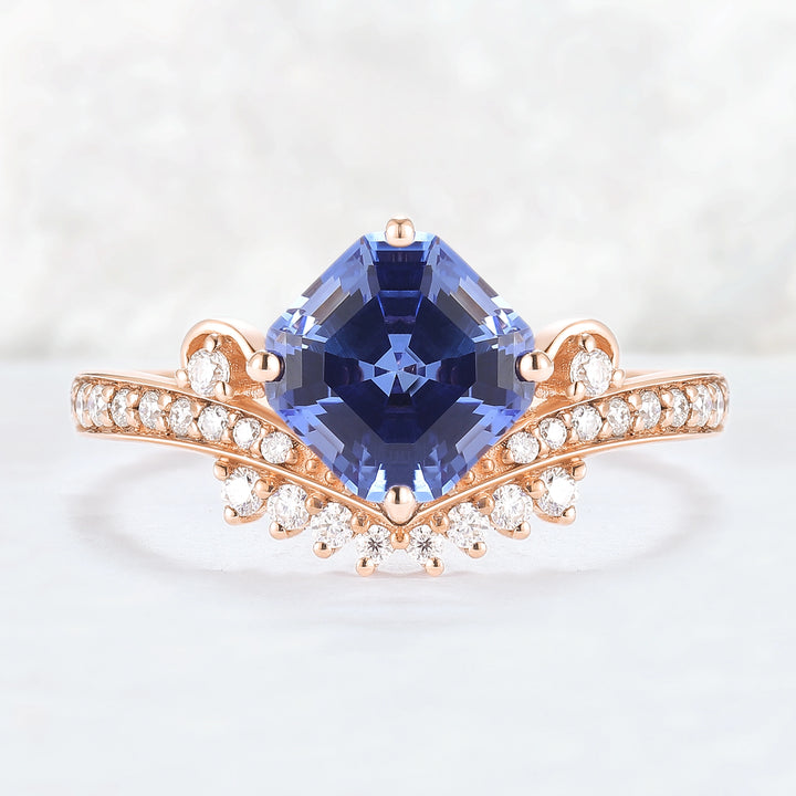 Cluster Asscher Cut  Cornflower Sapphire Gemstone Ring