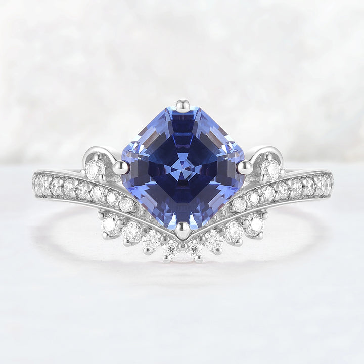 Cluster Asscher Cut  Cornflower Sapphire Gemstone Ring