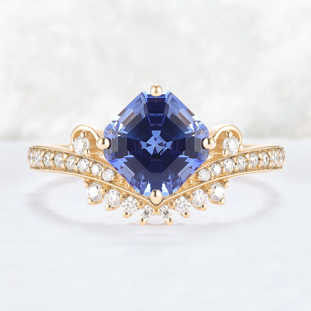 Cluster Asscher Cut  Cornflower Sapphire Gemstone Ring