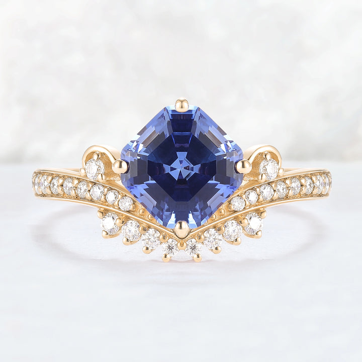 Cluster Asscher Cut  Cornflower Sapphire Gemstone Ring