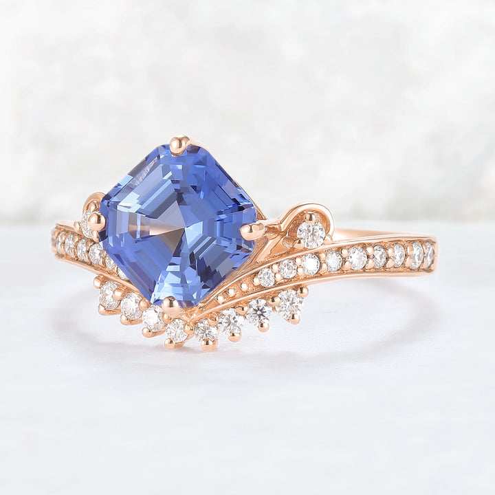 Cluster Asscher Cut  Cornflower Sapphire Gemstone Ring
