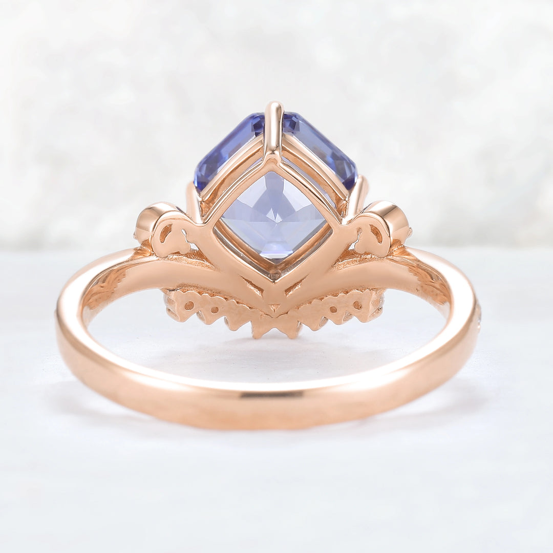 Cluster Asscher Cut  Cornflower Sapphire Gemstone Ring