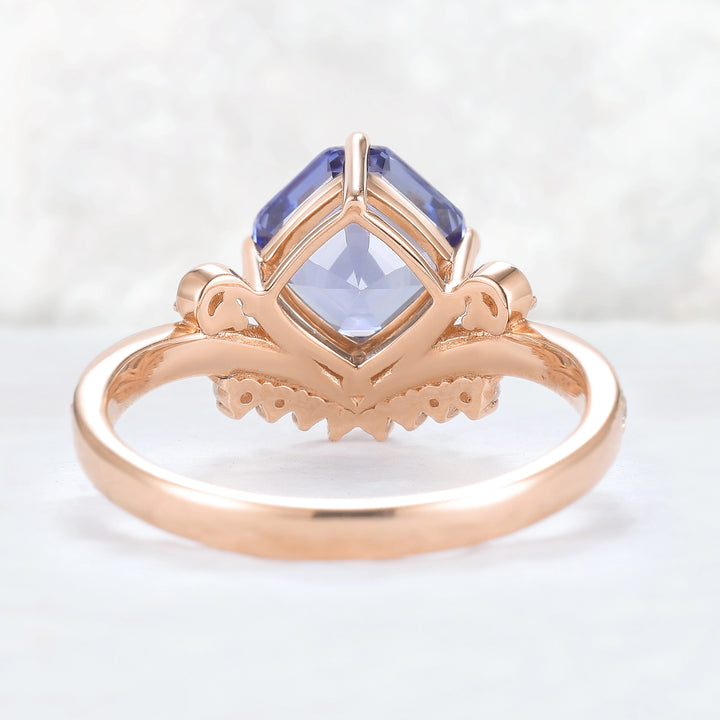 Cluster Asscher Cut  Cornflower Sapphire Gemstone Ring