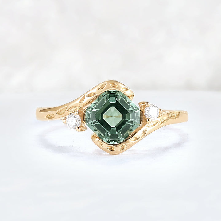 Cluster Asscher Cut  Green Sapphire Three Gemstone Ring