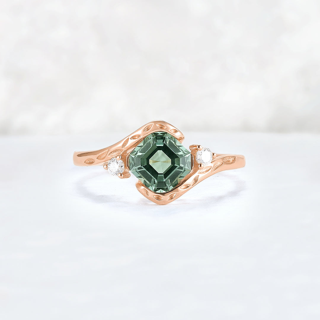 Cluster Asscher Cut  Green Sapphire Three Gemstone Ring