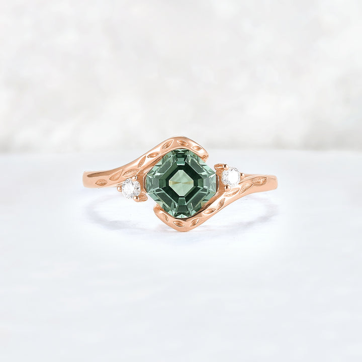 Cluster Asscher Cut  Green Sapphire Three Gemstone Ring