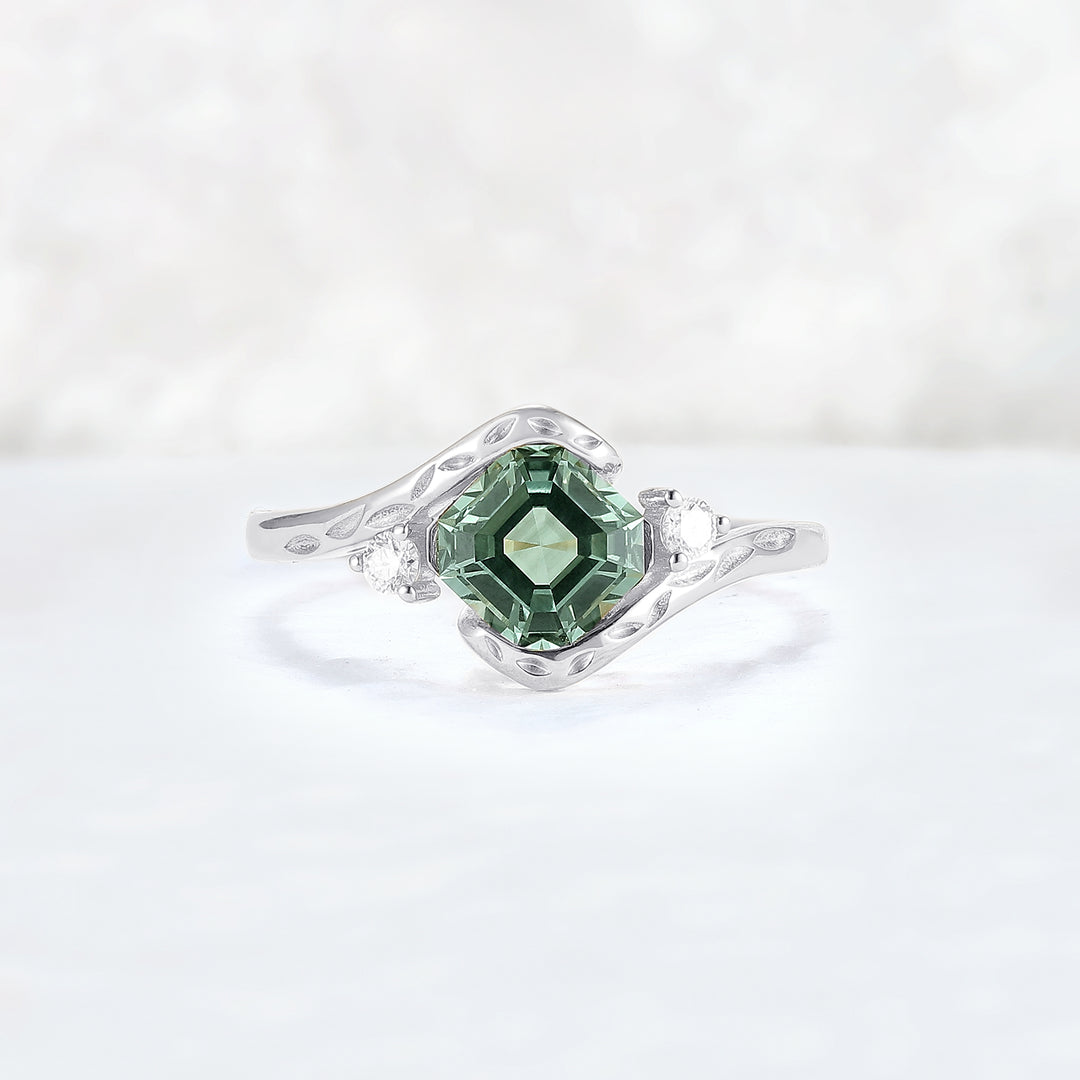 Cluster Asscher Cut  Green Sapphire Three Gemstone Ring