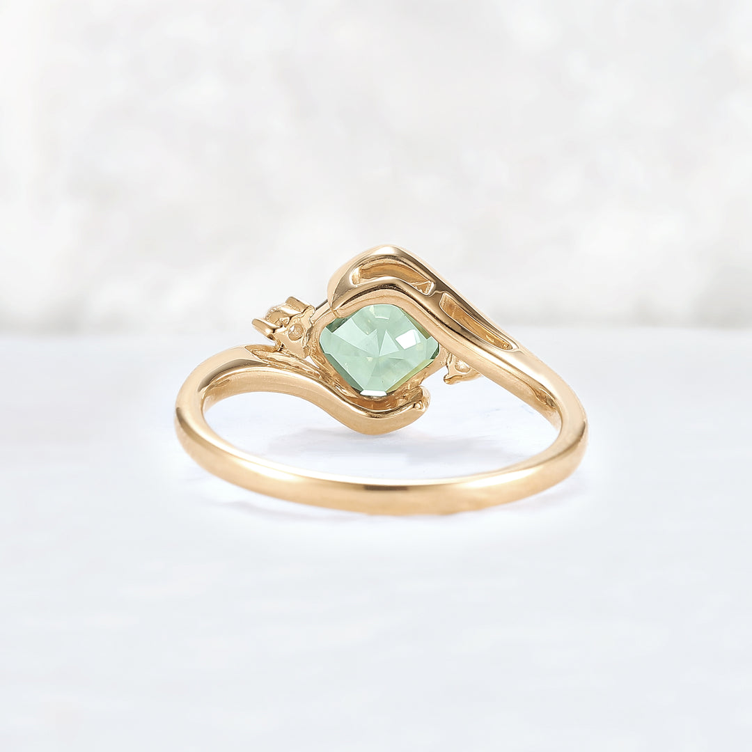 Cluster Asscher Cut  Green Sapphire Three Gemstone Ring
