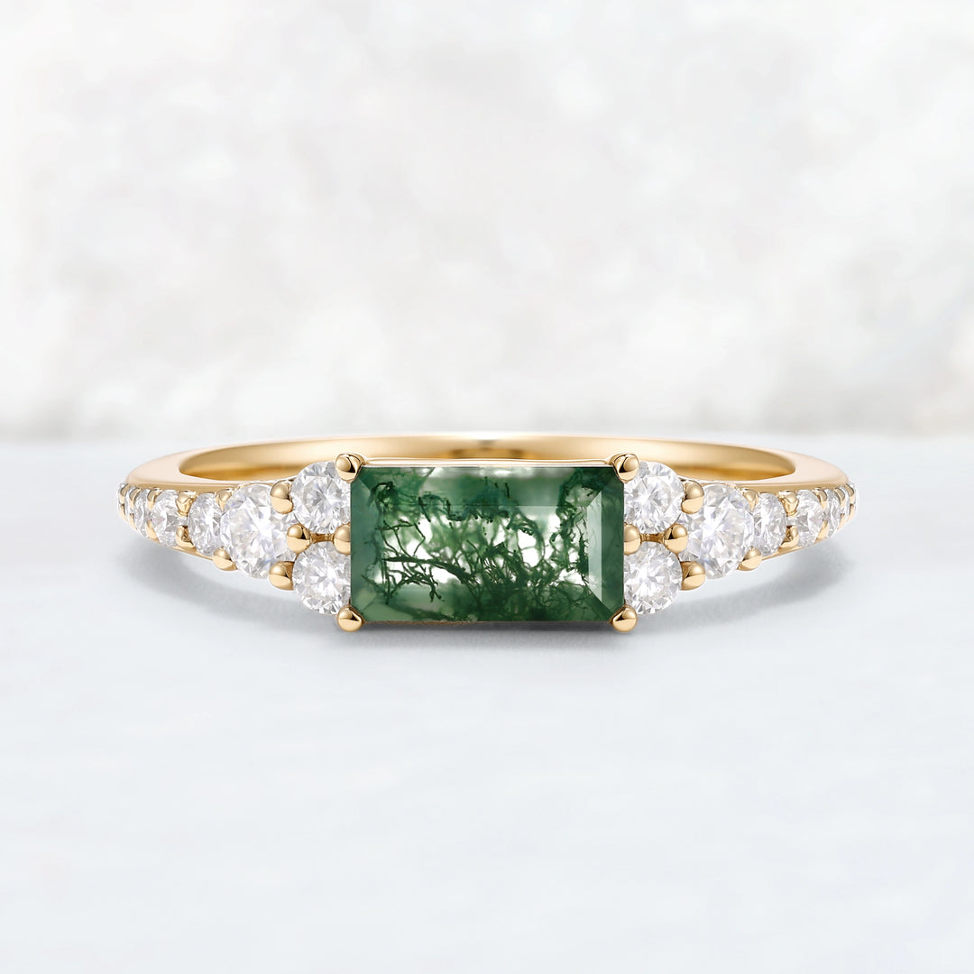 Cluster Baguette Cut Moss Agate Mobius Yellow Gold Stacking Band