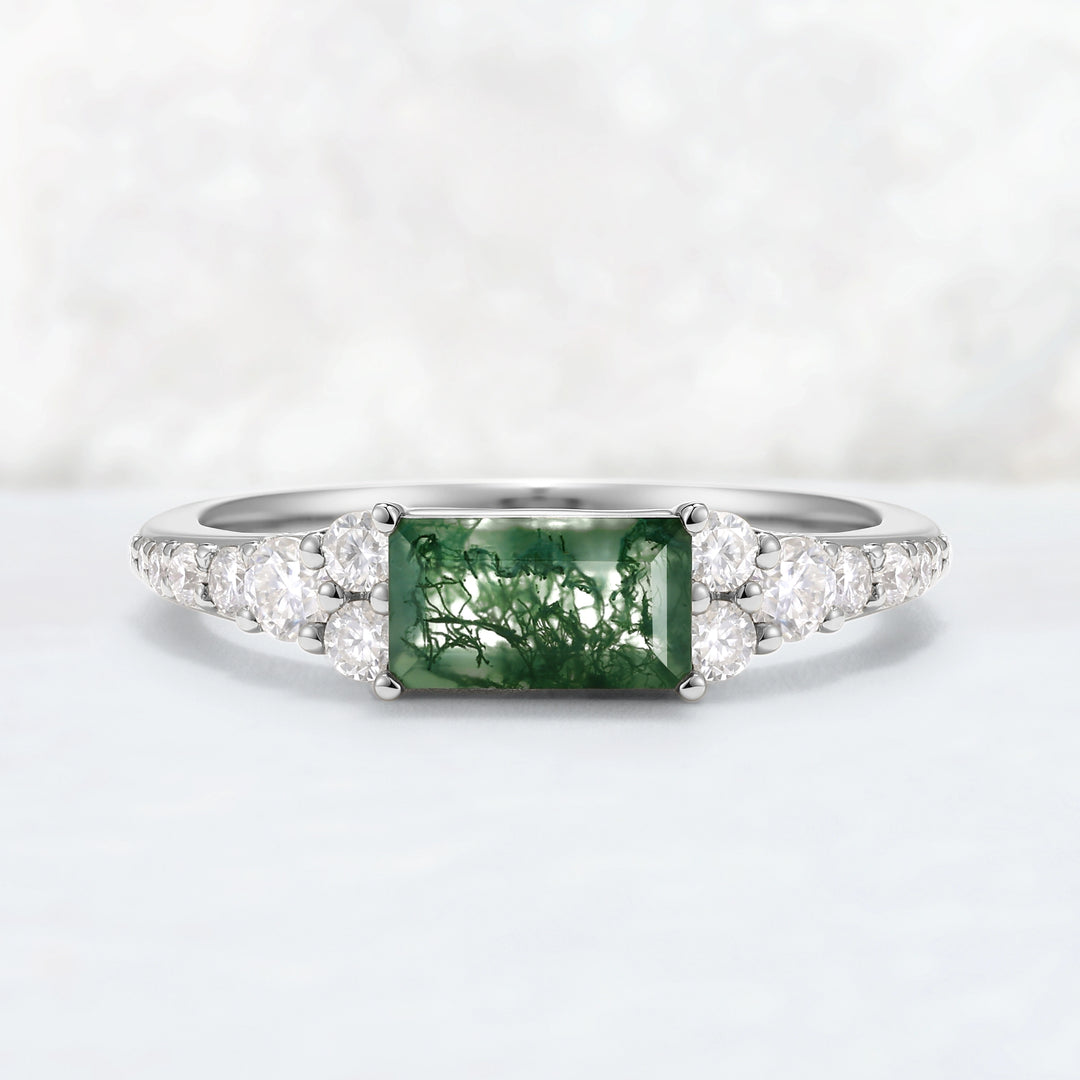 Cluster Baguette Cut Moss Agate Mobius Yellow Gold Stacking Band