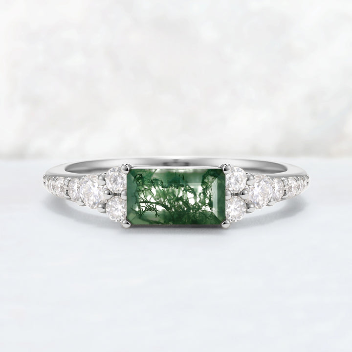 Cluster Baguette Cut Moss Agate Mobius Yellow Gold Stacking Band