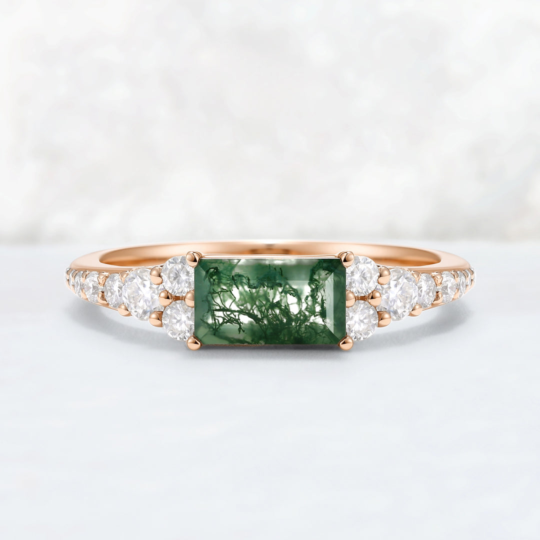 Cluster Baguette Cut Moss Agate Mobius Yellow Gold Stacking Band