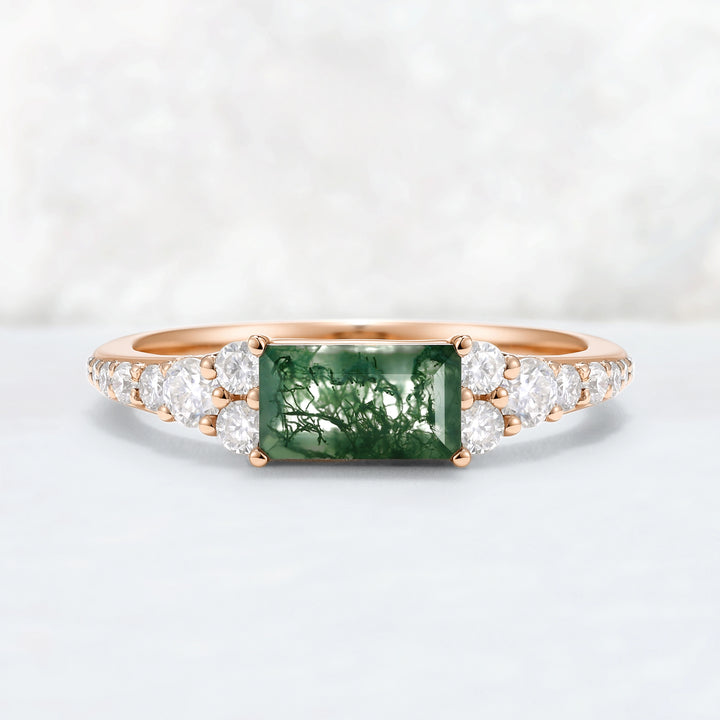 Cluster Baguette Cut Moss Agate Mobius Yellow Gold Stacking Band