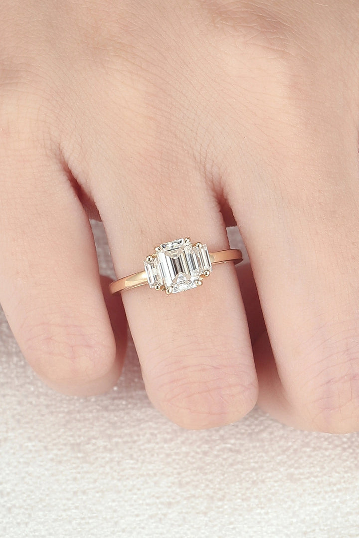 Cluster Emerald Cut Moissanite Three Stones Ring
