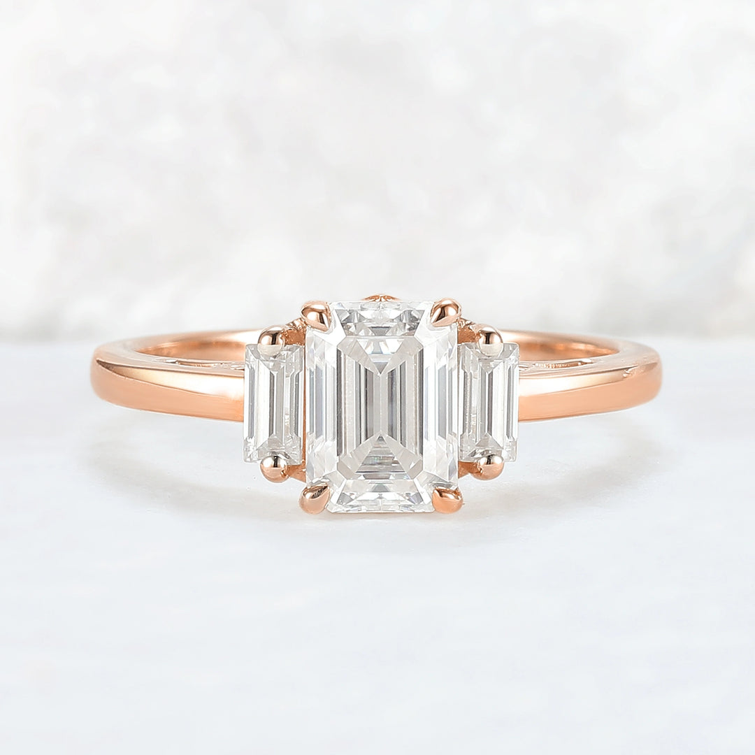 Cluster Emerald Cut Moissanite Three Stones Ring