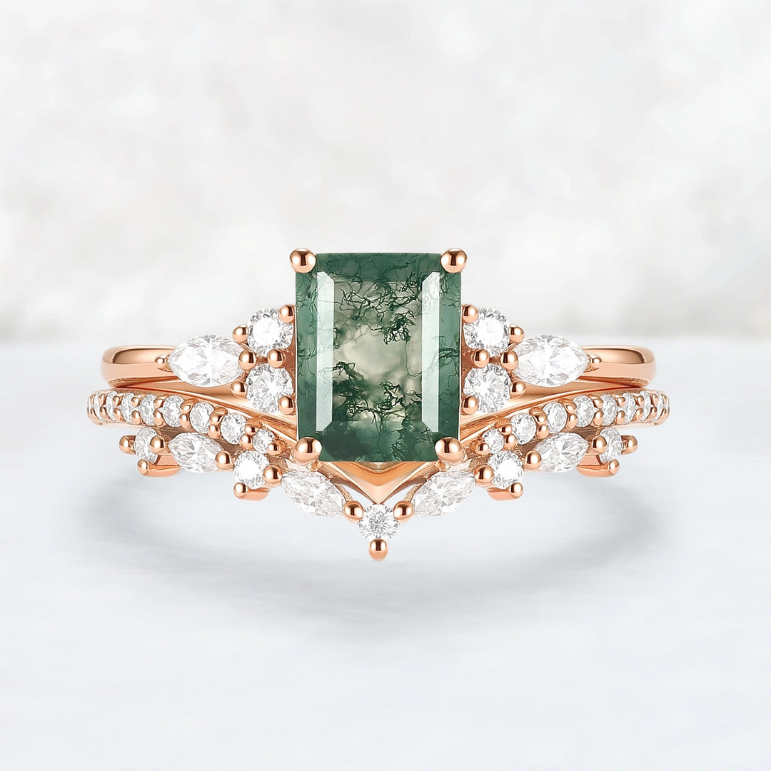 Cluster Emerald Cut Moss Agate Cluster Engagement Ring Set 2pcs